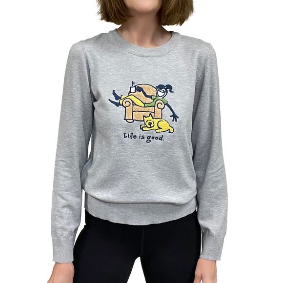 Life Is Good Crewneck Sweater Sz S New $63 Girl & Her Dog Gray Rayon Blend - Picture 2 of 9